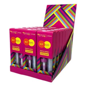 BOX COM 24 UNIDADES DE KIT GLOSS DUPLA LABIAL HIDRATANTE MAX LOVE – CORES 07 E 19