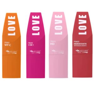 KIT 4 PRIMERS FACIAIS MAX LOVE – VITA C, 3 EM 1, HD E HIDRATANTE ANTICRAQUELAMENTO